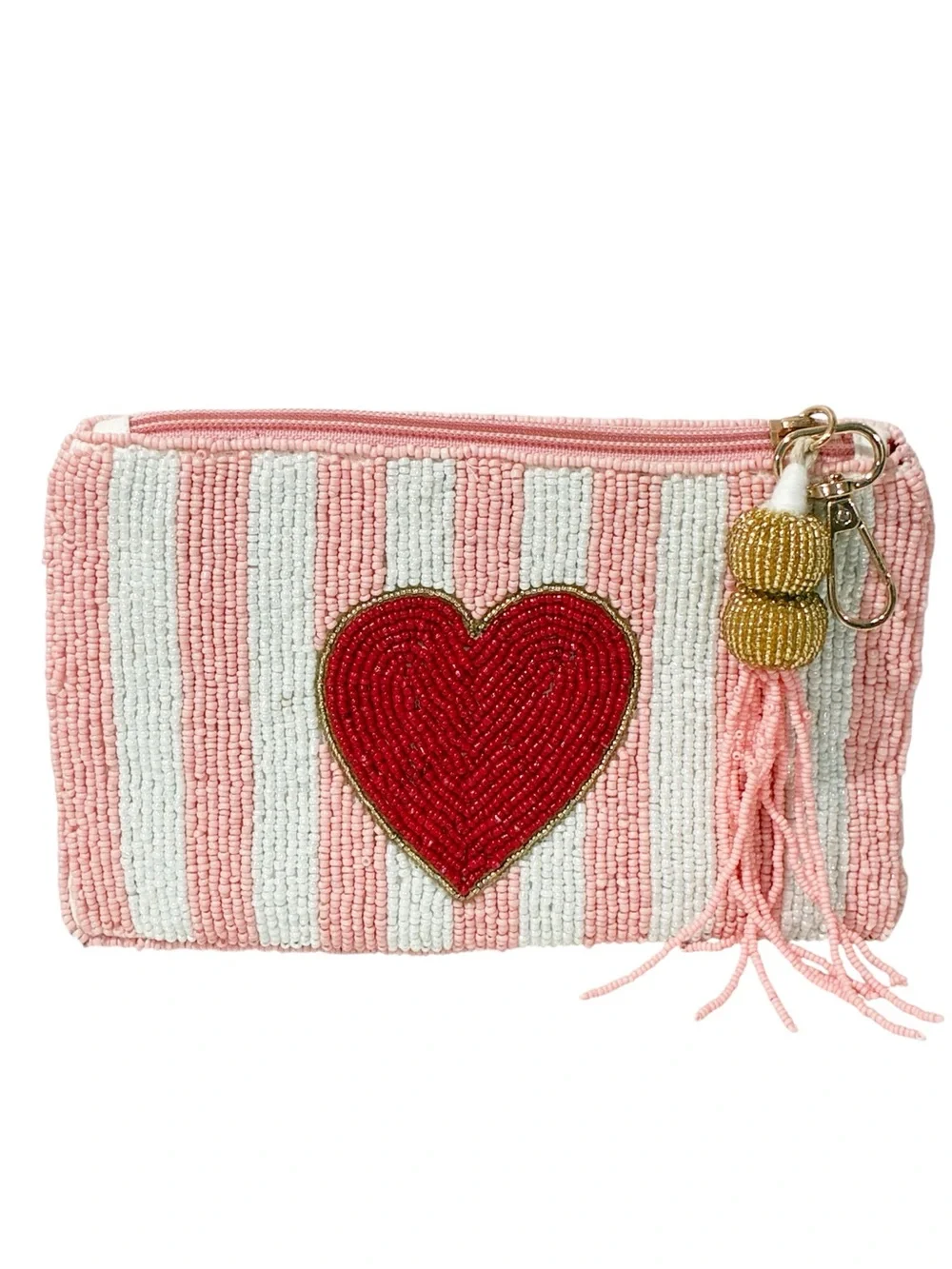 Made in India Pink White Stripe Red Hearts Beaded Clutch Wristlet